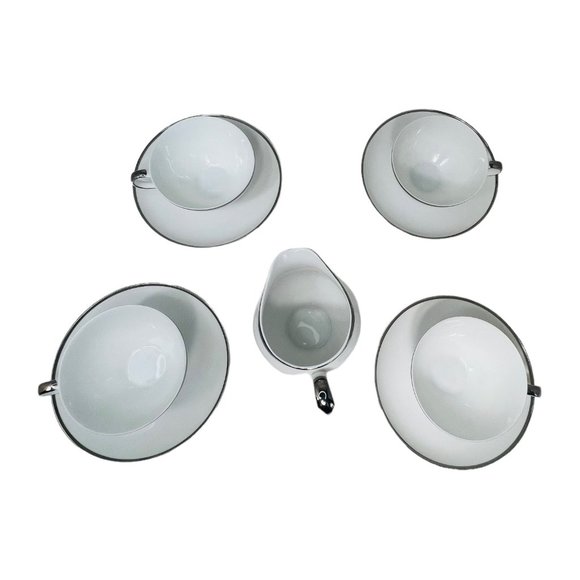 Harmony House Moderne Platinum Trim 4 Cups and Saucers & Creamer Japan No. 3545 - Picture 13 of 16